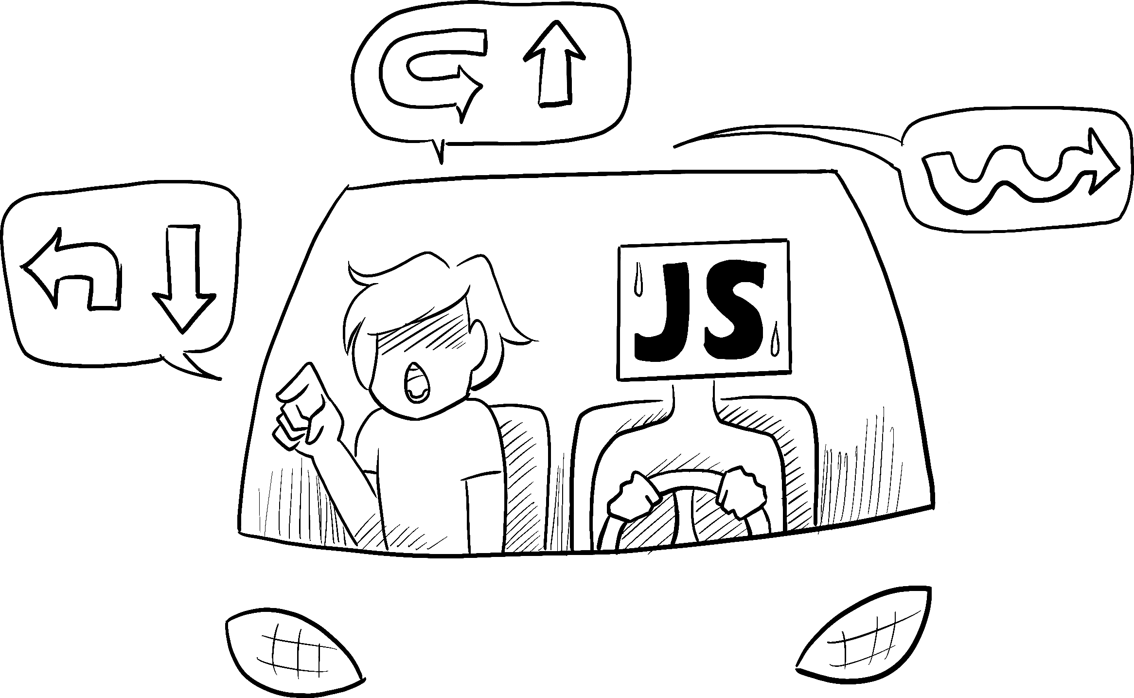 Trong một chiếc xe hơi do một người trông lo lắng đại diện cho JavaScript lái, một hành khách ra lệnh cho người lái xe thực hiện một chuỗi điều hướng phức tạp từng ngã rẽ.